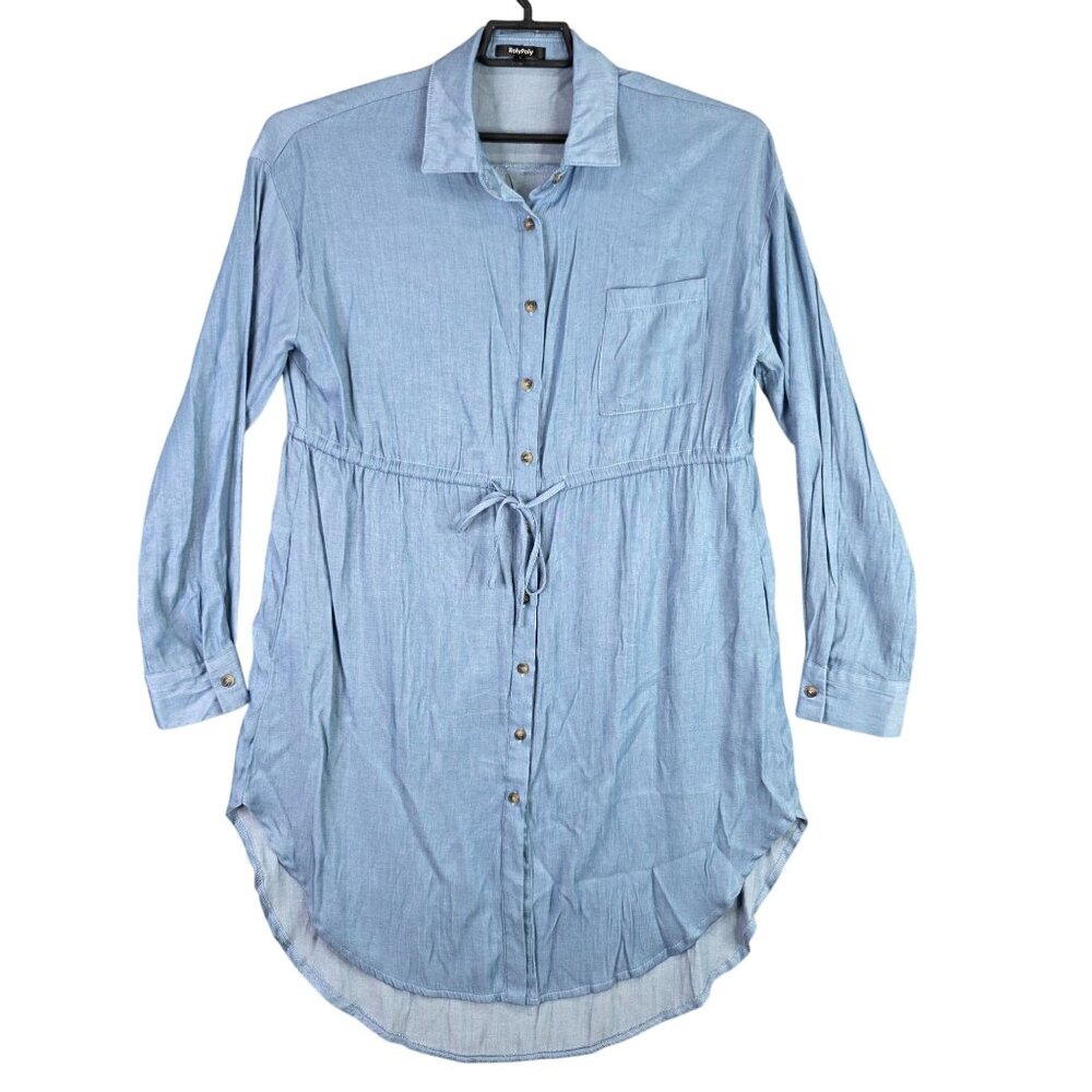 Womens RolyPoly Blue Shirt Dress Button Up Long Sleeve Belted Pockets Size L